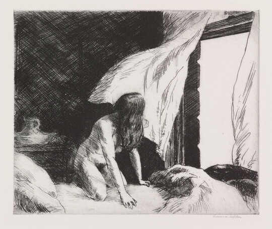 A black-and-white print of a nude White woman kneeling forward on a bed as the wind blows the drapes from the window.