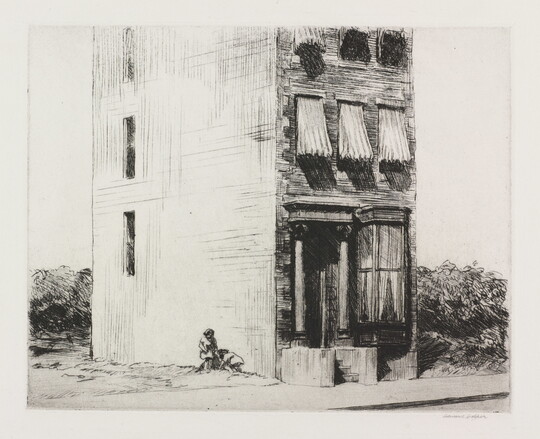 A black-and-white print of a tall and narrow townhouse with vacant land on either side and two small children playing next to it.