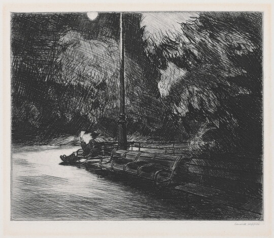 A black-and-white print of a person reading on a park bench under a street light at night.