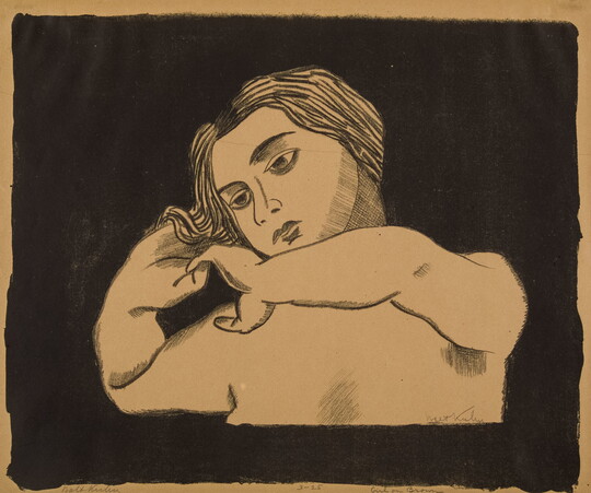 A black-and-white print of a shirtless White woman from the chest up, running her hands through her hair.