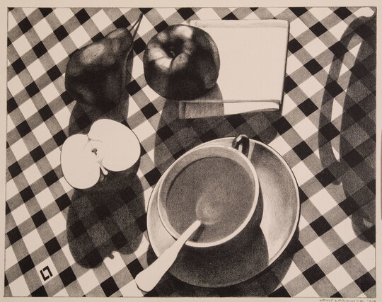 A black-and-white print of a cup of coffee, a pear, an apple, a napkin, and half of an apple on a checkered tablecloth.
