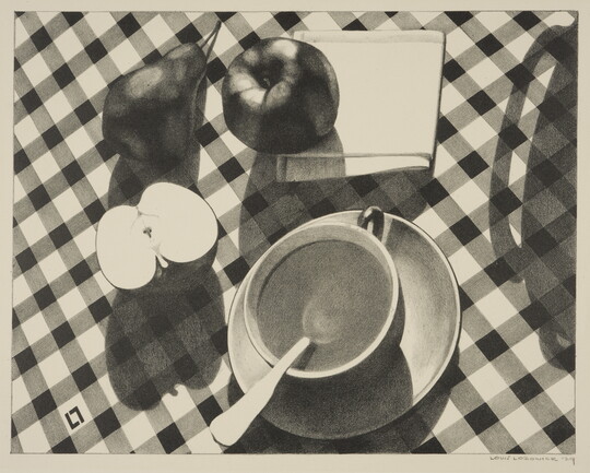 A black-and-white print of a cup of coffee, a pear, an apple, a napkin, and half of an apple on a checkered tablecloth.