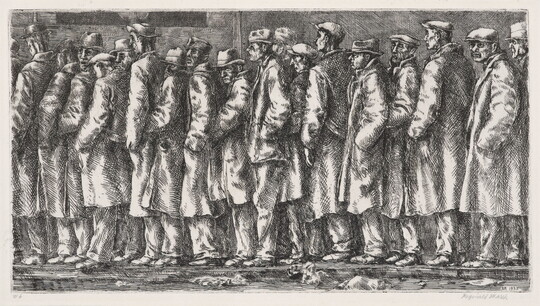 A black-and-white print of men in coats and hats standing close together in a line on a sidewalk.