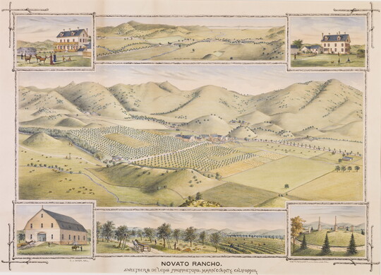 A color print of an aerial view of a ranch surrounded by hills; four smaller vignettes of ranch scenes in each corner of the print.