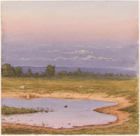 A watercolor of a field and pond under a purple and pink sky.