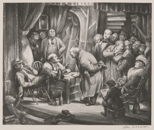 A black-and-white print of a group of White men on a stage gathered around a man speaking to another who is seated behind a desk.