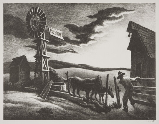 A black-and-white print of a farmer either closing or opening a gate to a corral with two horses next to a windmill under a dark and cloudy sky.