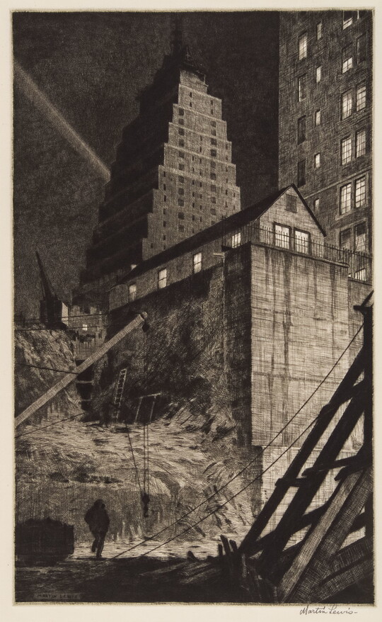 A black-and-white print looking up at a building next to a construction site surrounded by skyscrapers in a city.
