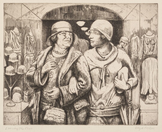 A black-and-white print of two White women with linked arms leaving through the glass doors of a dress shop.