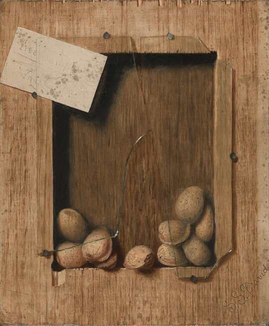 A realistic oil painting of a bunch of unshelled almonds sitting on the inset of a wood box with a broken glass cover.