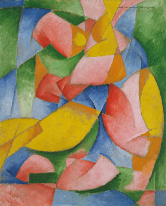 An abstract oil painting of curved and geometric shapes in bright green, blue, red, and yellow.