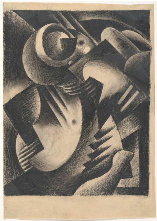 An abstract black-and-white drawing of geometric shapes layered on top of each other.