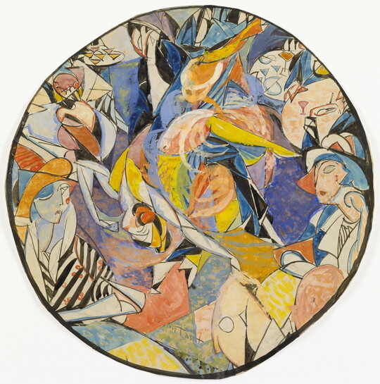 A round-shaped watercolor of abstract White female figures rendered in a modern, angular style.