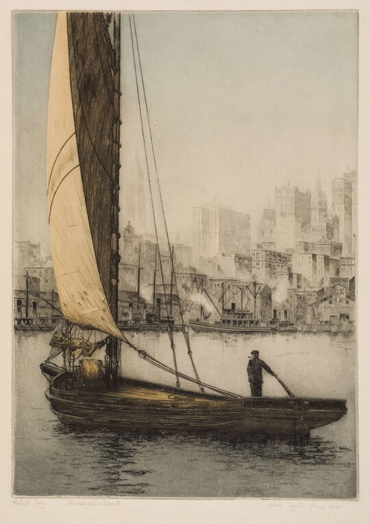 A color print of a man standing on a sailboat in calm water and many tall buildings in the distance.