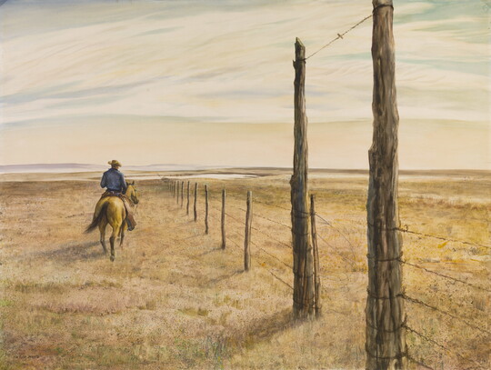 A watercolor painting of cowboy on horseback riding away from the viewer next to a barbed wire fence.