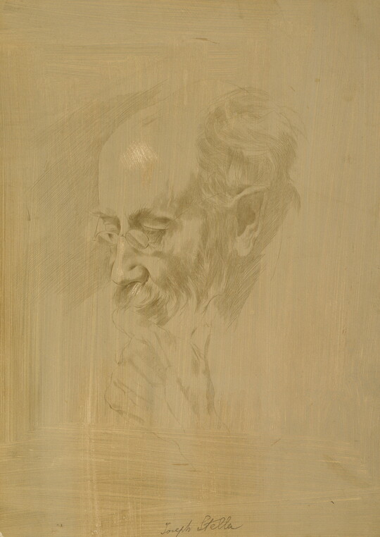 A drawing of the head of a balding, elderly White man with glasses and a beard on tan paper.