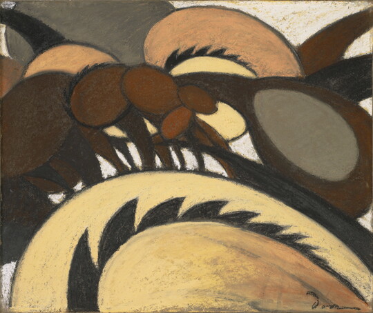 A pastel drawing of abstract, circular shapes in shades of brown and tan.