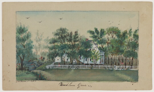 A watercolor of a white clapboard house surrounded by a picket fence and green trees.