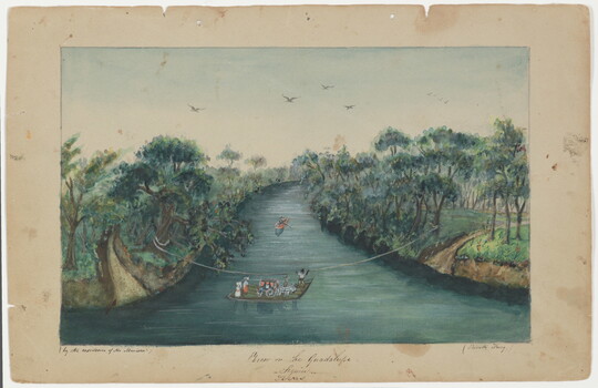 A watercolor of a river crossing where multiple people and a stagecoach are being ferried across the water.