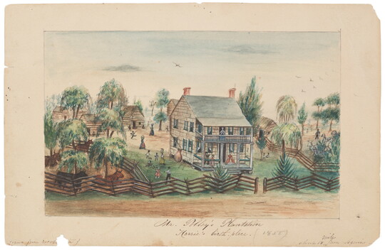 A watercolor of a multi-story home and multiple cabins surrounded by a zig-zag split rail fence with people going about daily tasks in the yard.