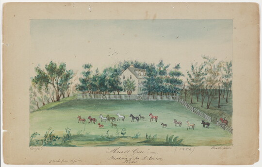 A watercolor of horses in a green pasture in front of a large white home surrounded by a white picket fence.