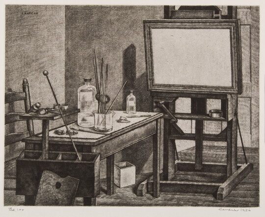 A black-and-white print of a table with various art supplies next to an artist's easel holding a blank, framed canvas.