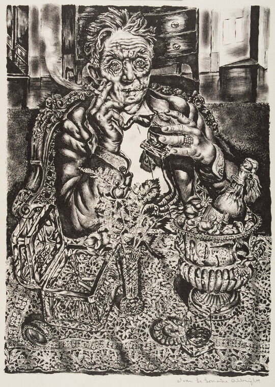 A black-and-white abstract print of an old, very wrinkled White man sitting at a cluttered table smoking and holding a glass tumbler in his hand.