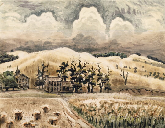 A watercolor painting of a farmhouse and a church on golden hills behind a farm.