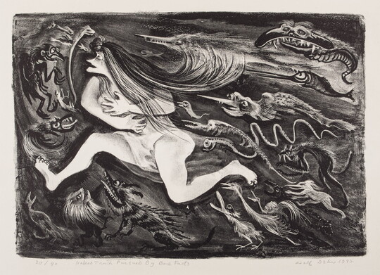 An abstract black-and-white print of a nude, White woman running from a group of scary creatures.