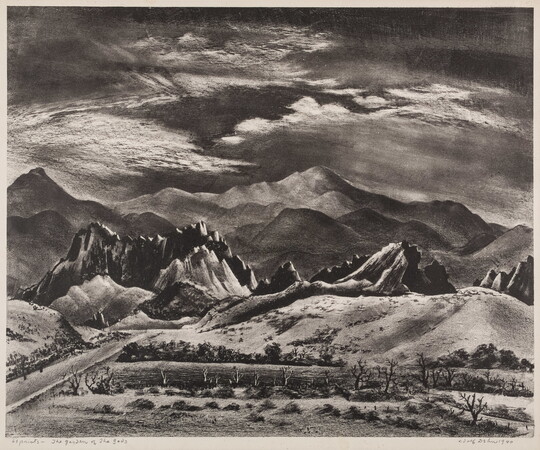 A black-and-white print of a landscape of jagged rock formations and mountains in the background.