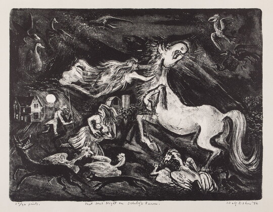 An abstract black-and-white print of a farmer with a pitchfork chasing two women who seem to be floating around a spooked horse surrounded by dogs and birds under a black sky.