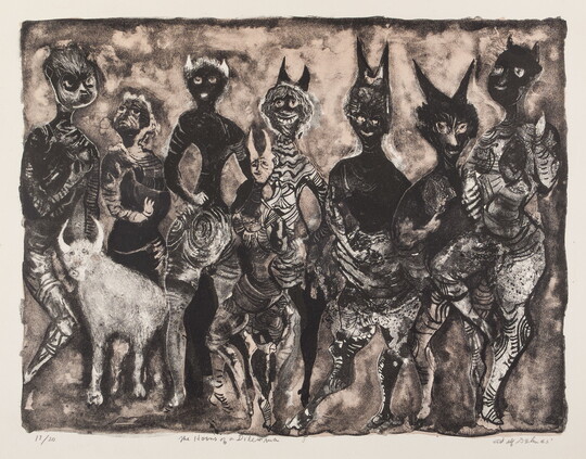 An abstract black-and-white print of a group of horned human-like creatures and animals.