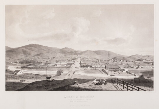 A black-and-white print of a country scene with people enjoying a picnic, cattle, horses and wagons on roads, boats on a canal, many buildings and fields, hills in the distance.