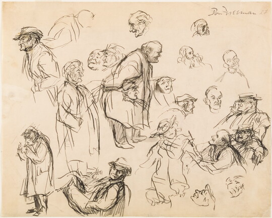 Black-and-white pencil sketches of human figures and heads, some overlapping, in various positions filling the entire sheet of paper.