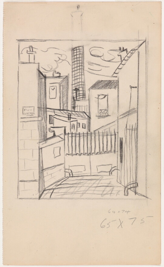 A black-and-white pencil sketch of a cityscape featuring several buildings seen from a street. 
