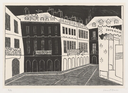 A black-and-white print of a Parisian street lined with multi-windowed buildings and decorative wrought iron. 