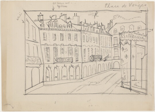 A black-and-white pencil sketch of a Parisian street lined with multi-windowed buildings and decorative wrought iron. 