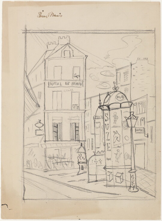 A black-and-white pencil sketch of a Parisian cityscape, including buildings, a postbox, and a streetlamp. 