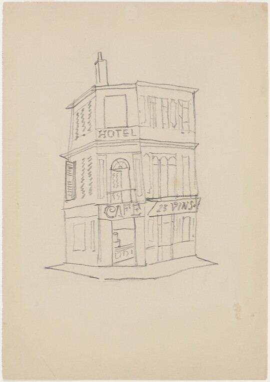 A black-and-white line drawing of a corner hotel façade, with the words "hotel" and "cafe" written above the entry. 