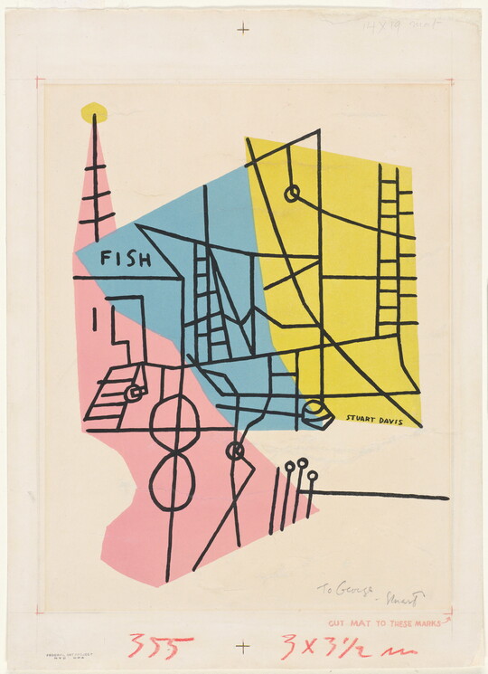 A color print of intersecting black lines resembling architectural features on top of abstract pink, blue, and yellow geometric shapes.