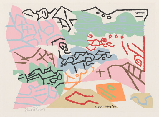 An abstract landscape print made of multicolored lines and shapes on a white background.