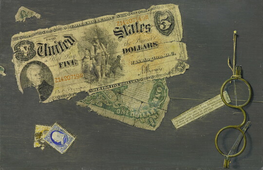A realistic oil painting of a torn five dollar bill from the 1800s, some stamps, and a pair of glasses.