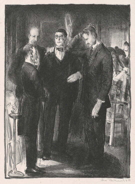A black-and-white print of four White men dressed in suits standing and talking in a dark interior space.