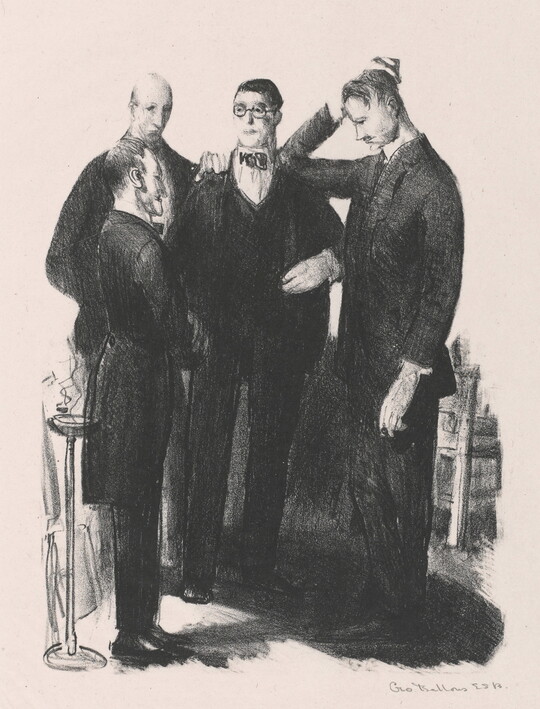 A black-and-white print of four White men dressed in suits standing and talking in a light interior space.