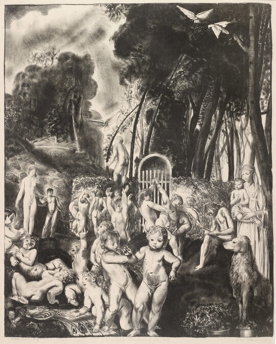 A black-and-white print of a wooded, grassy landscape filled with naked, chubby babies and other nude people of various sizes.  