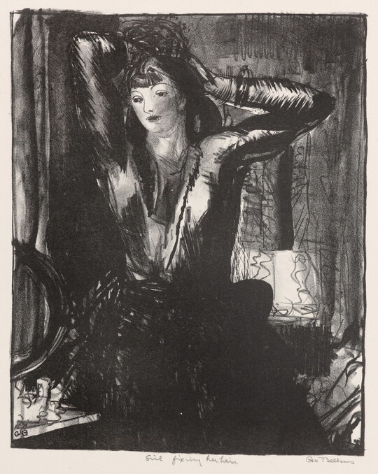 A black-and-white print of a young, nicely-dressed White woman reaching up behind her head to adjust her hair.