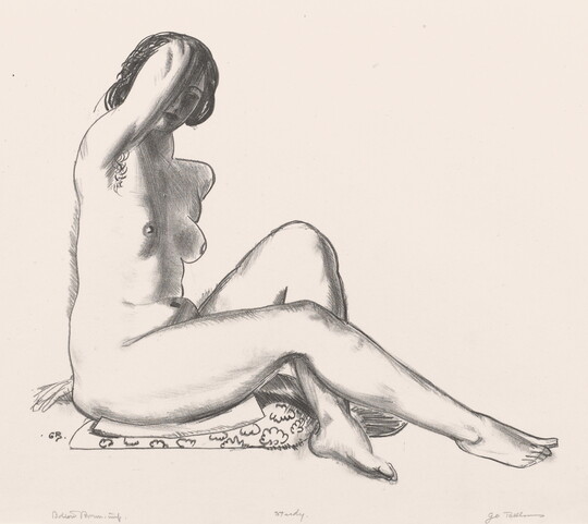 A black-and-white print of a young, nude White woman sitting on a pillow, legs partially extended, one arm on her head as she leans back on her other hand.