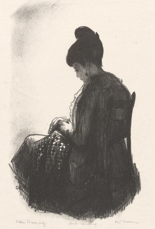 A black-and-white print of a young woman sitting in a chair with her back mostly to the viewer, while sewing something in her lap.