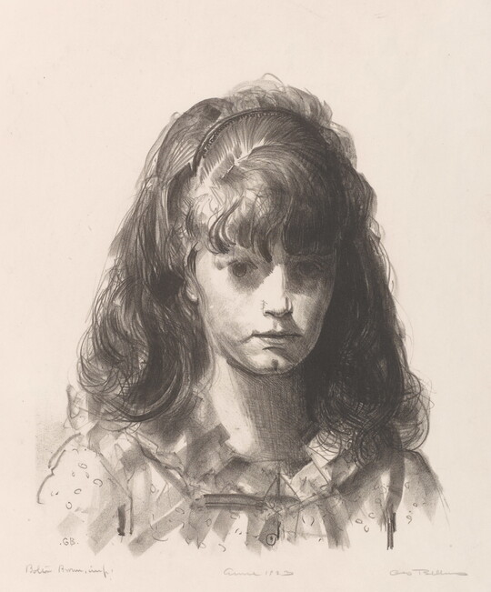 A black-and-white print portrait of a young White girl, hair held back in a headband, from the chest up. 