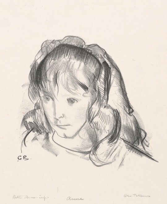 A black-and-white print portrait of a young, White girl from the shoulders up looking off to the side. 